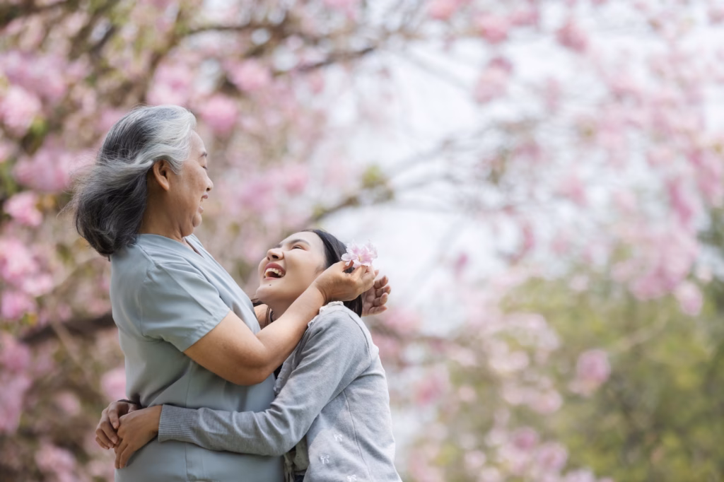 A joyful moment between an elderly woman and a young woman